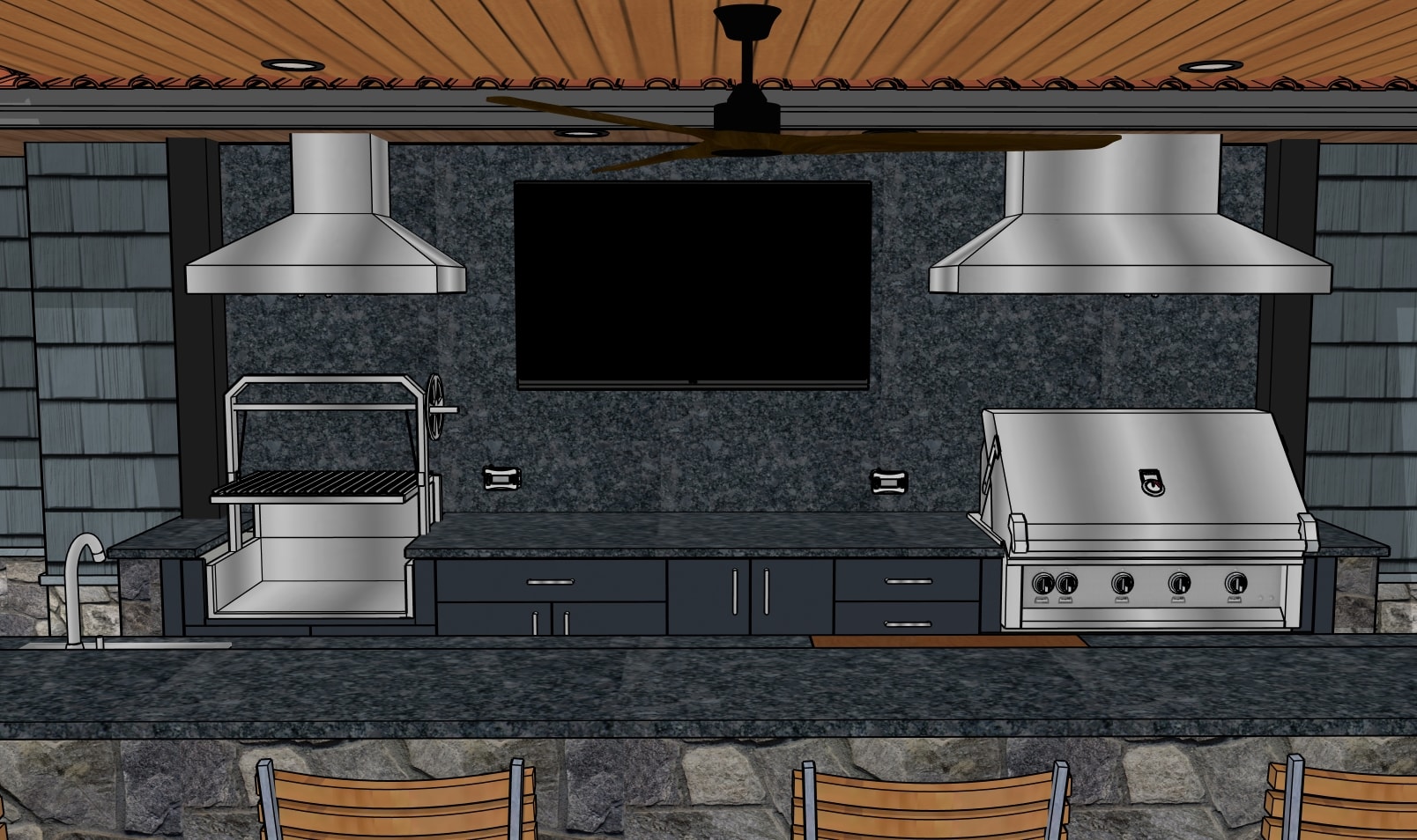 3D design render — front elevation of cooking wall with TV, dual hoods, and ceiling fan