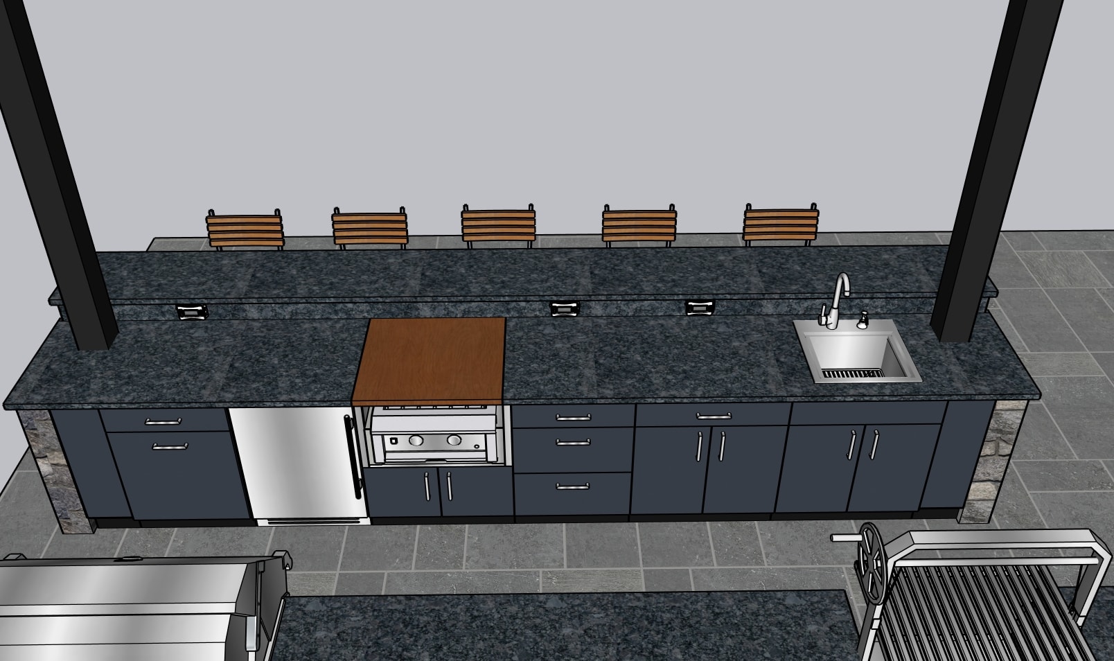 3D design render — bar island overhead view with bar stools, sink, and power burner