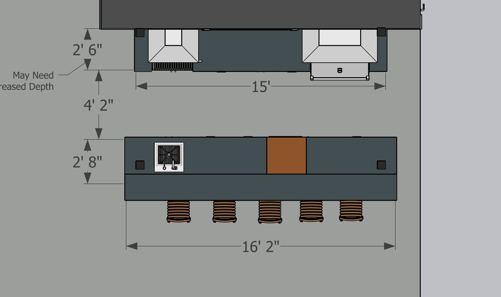 Design floor plan — dimensioned overhead layout showing 15' cooking wall and 16'2" bar island