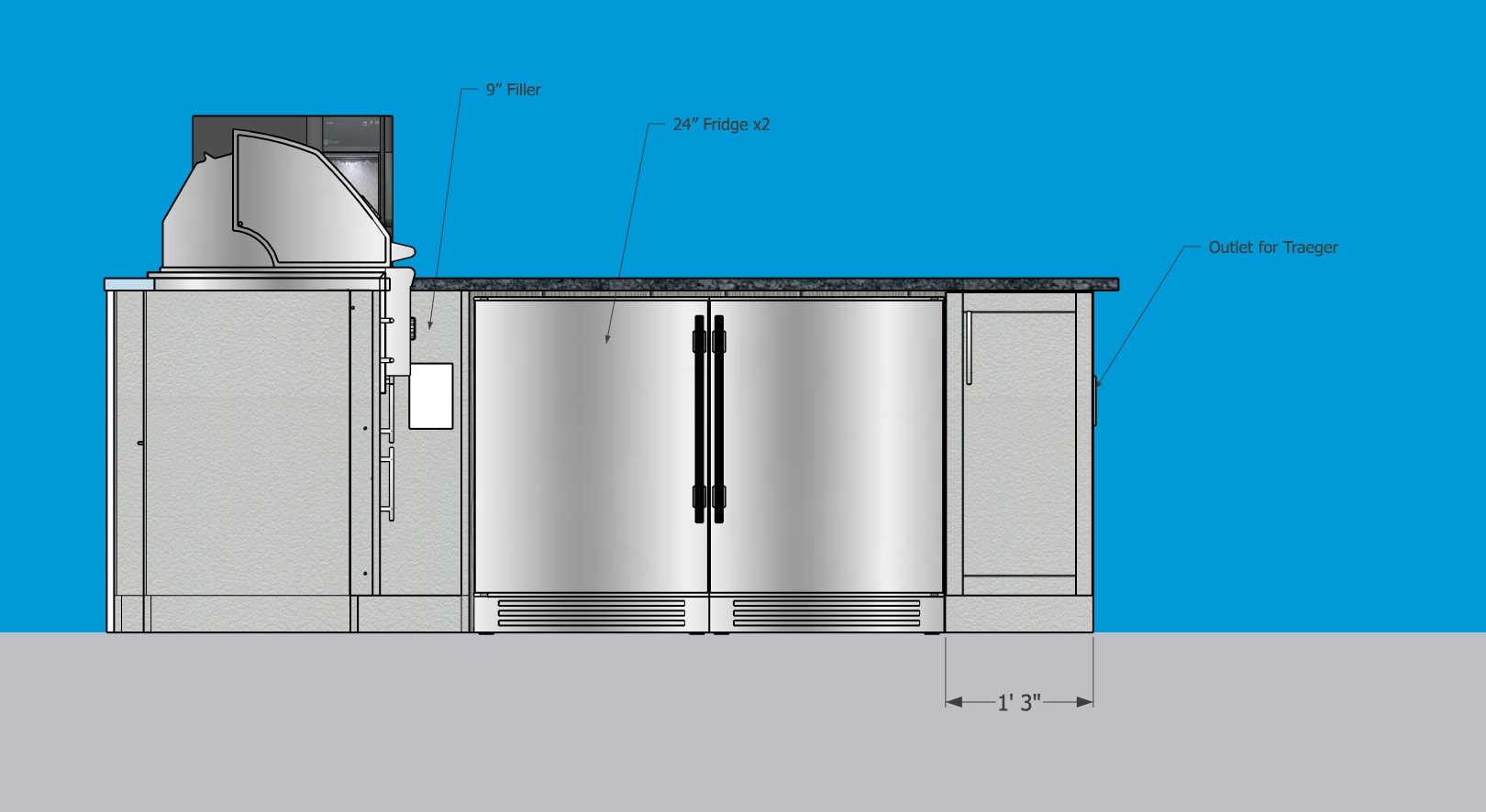 Refrigeration elevation — smoker outlet and cabinet details