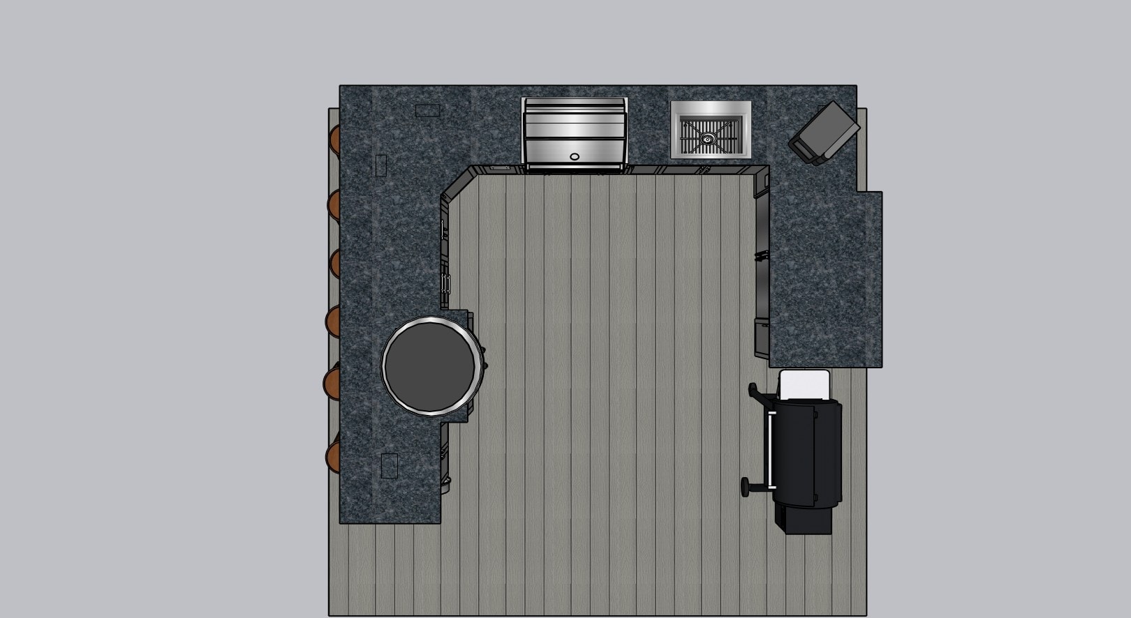 Plan view — U-shaped counter and seating layout