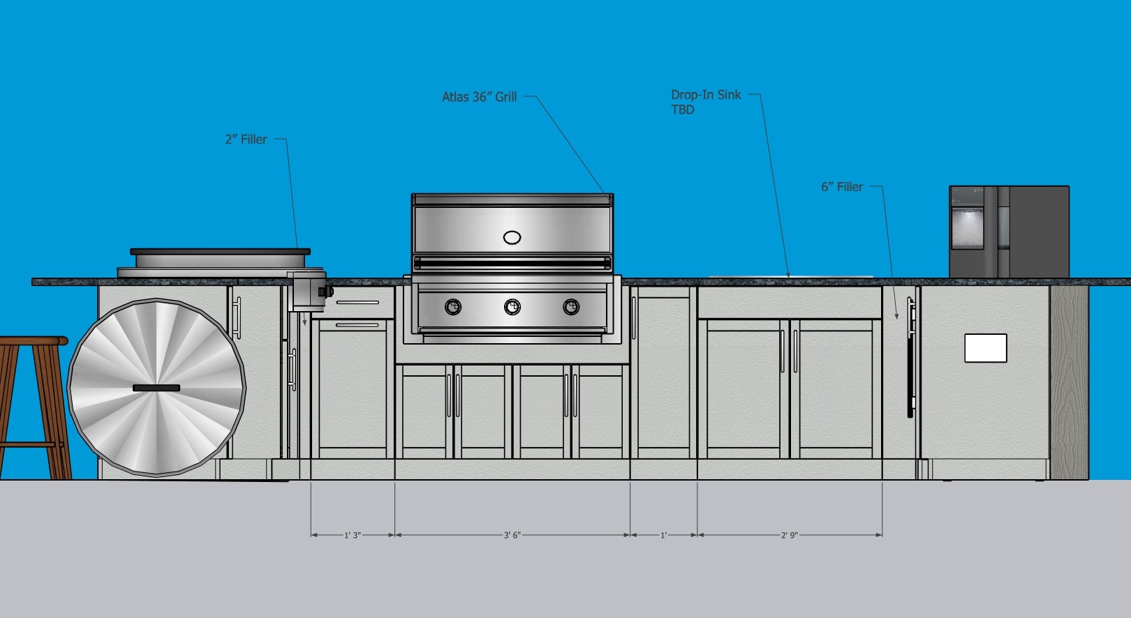 Grill elevation — sink, refrigeration, and cabinet configuration