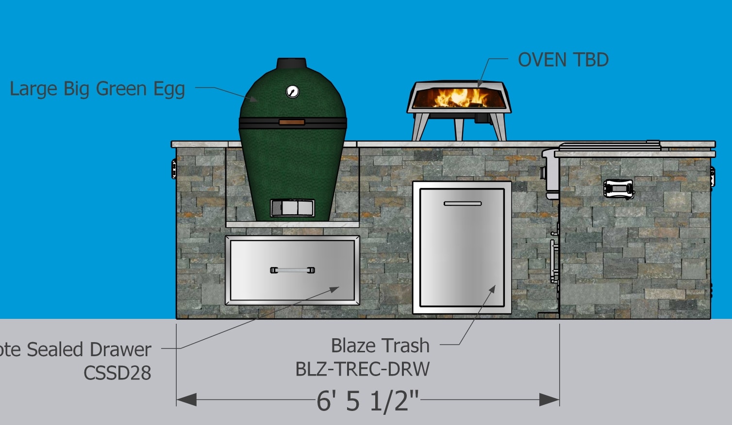 Front elevation — appliance layout and labels