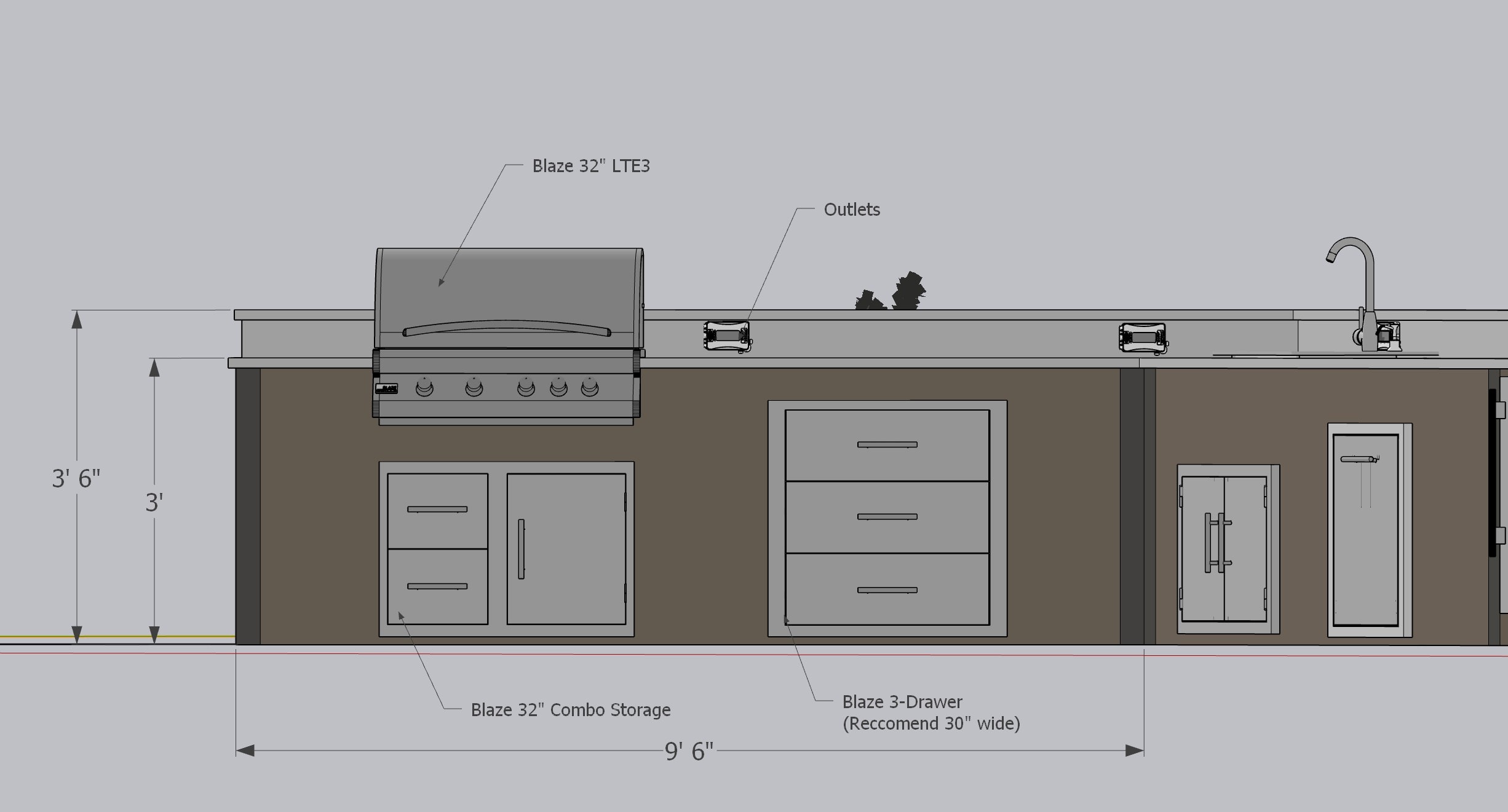 Technical illustration — counter profile and appliance integration