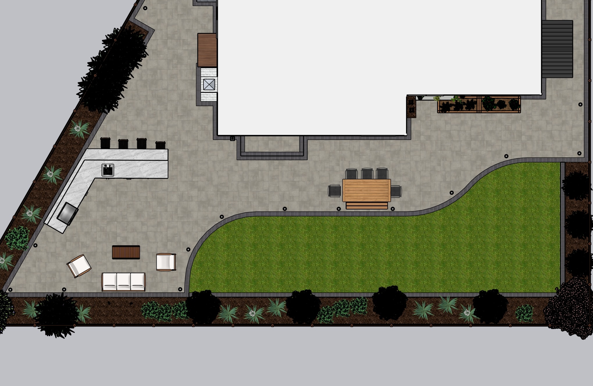 Front elevation — social bar run with Blaze 25" double door, trash/recycle, Zephyr fridge