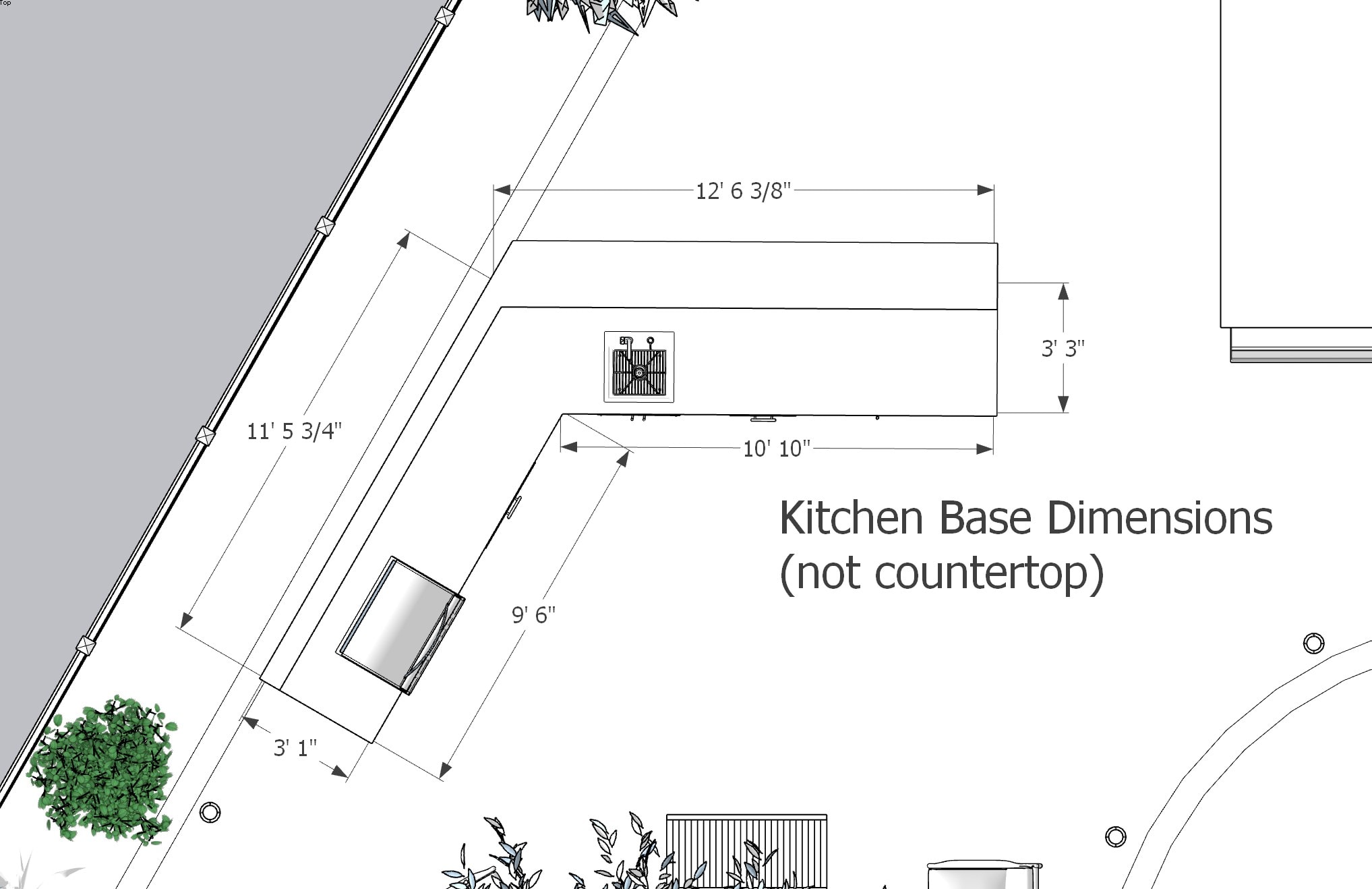 Side elevation — Blaze 32" LTE3 grill, combo storage, 3-drawer unit, sink