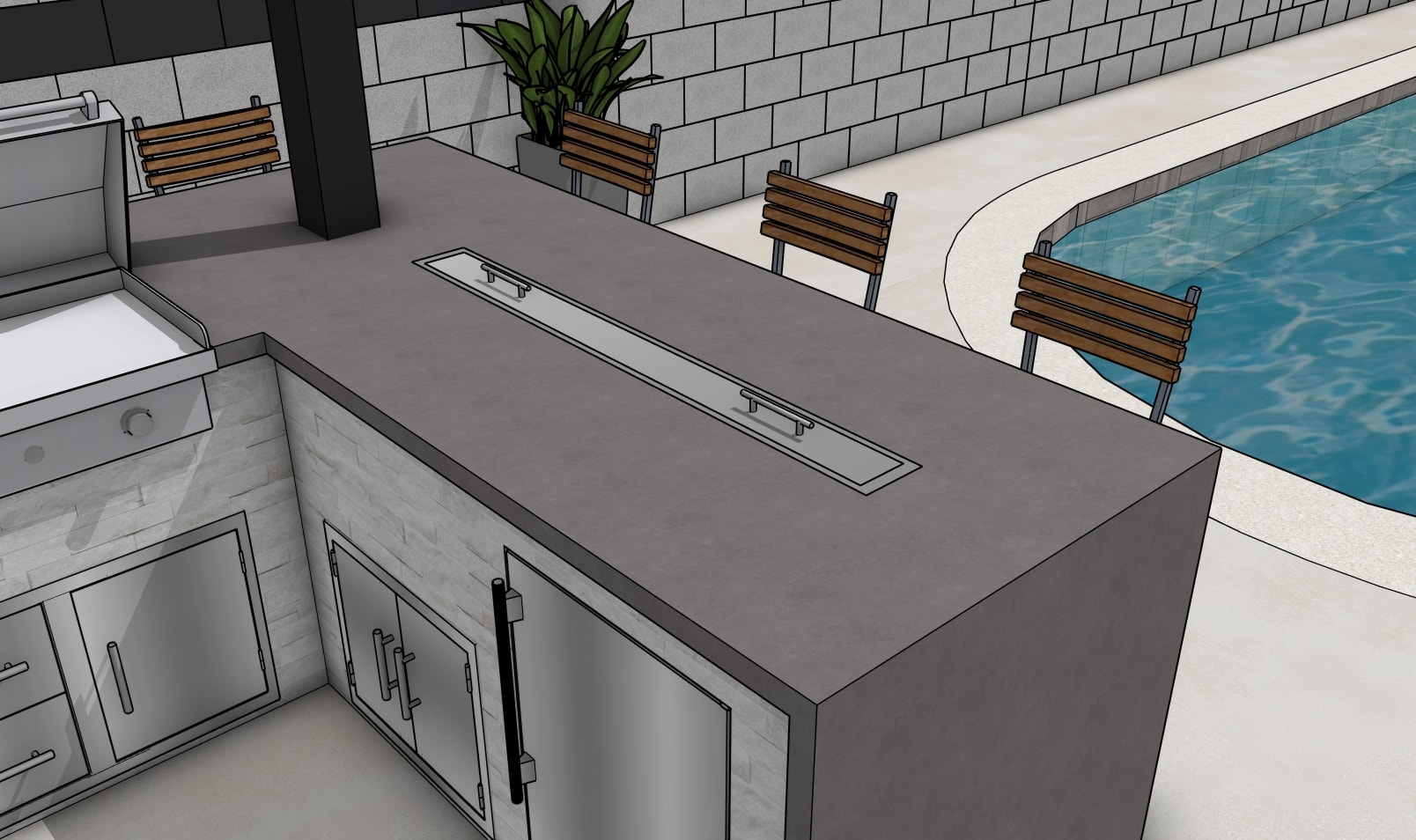 Linear fire pit bar top — lit blue glass media with pool backdrop