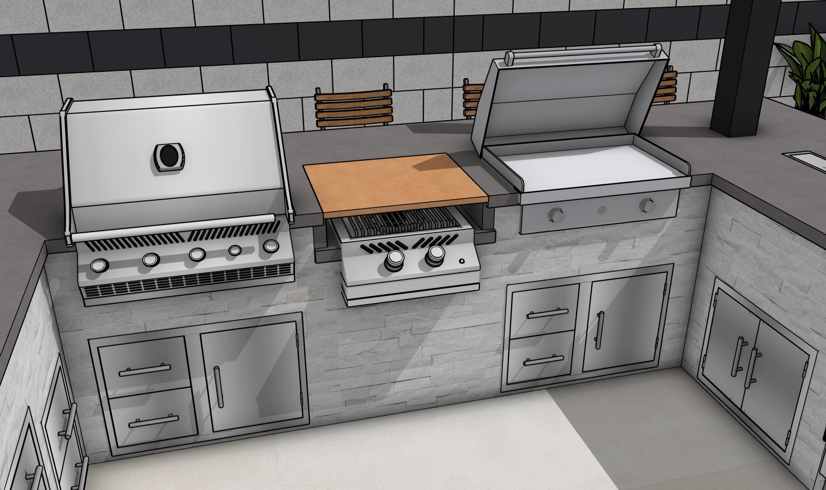 Grill zone detail — appliance lineup and stone veneer base