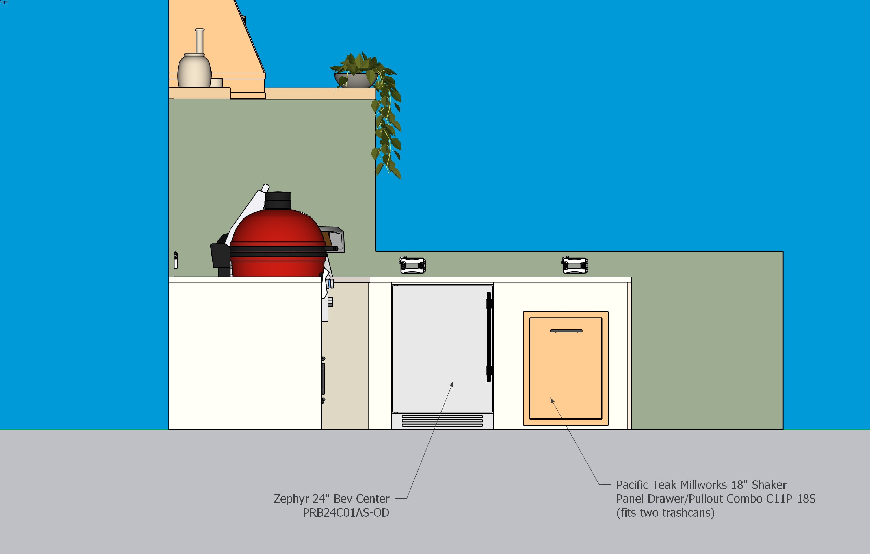 Elevation — right side with bev center and trash pullout callouts