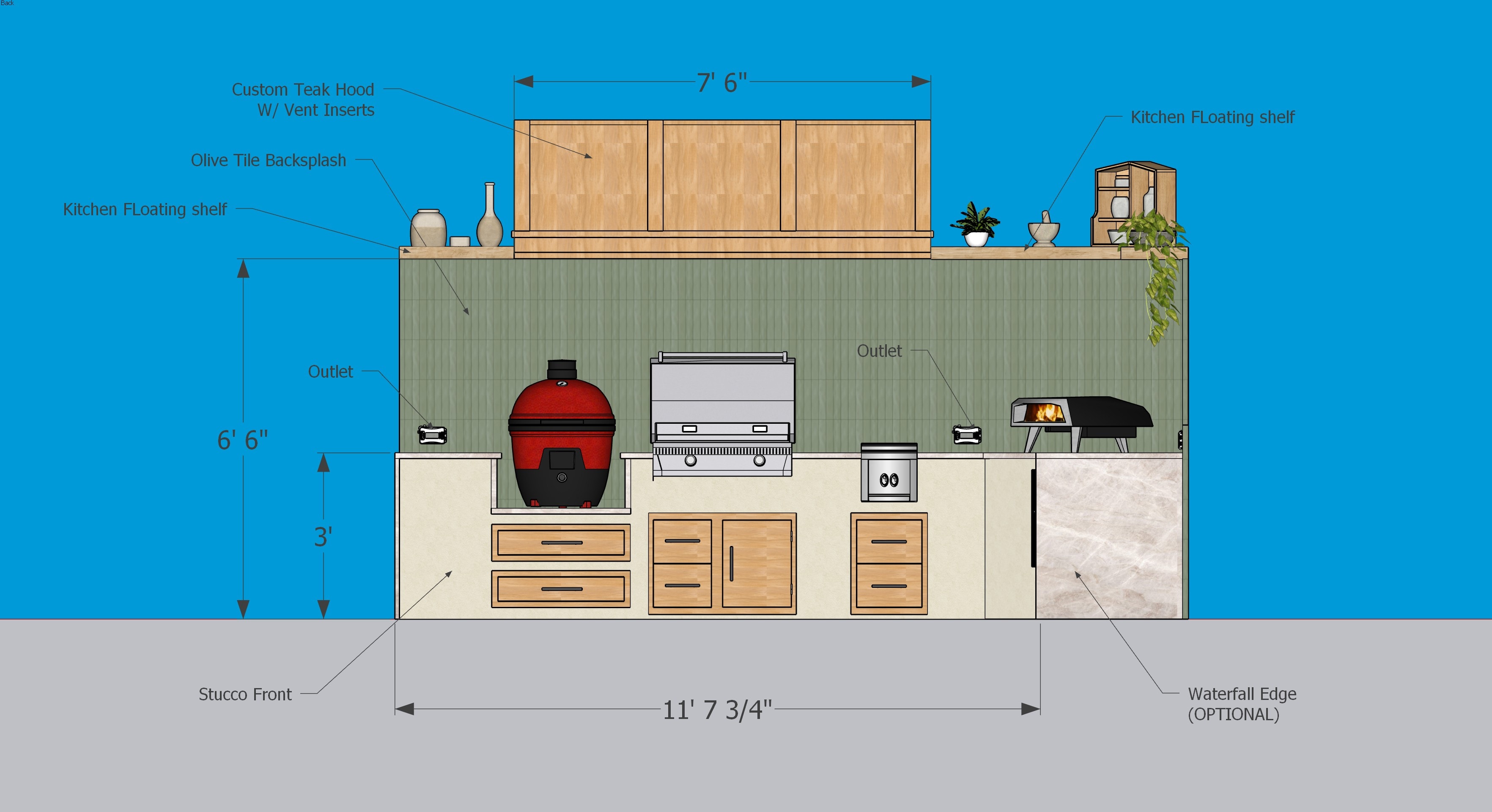 Back elevation — teak hood, olive tile backsplash, appliance layout, and dimensions