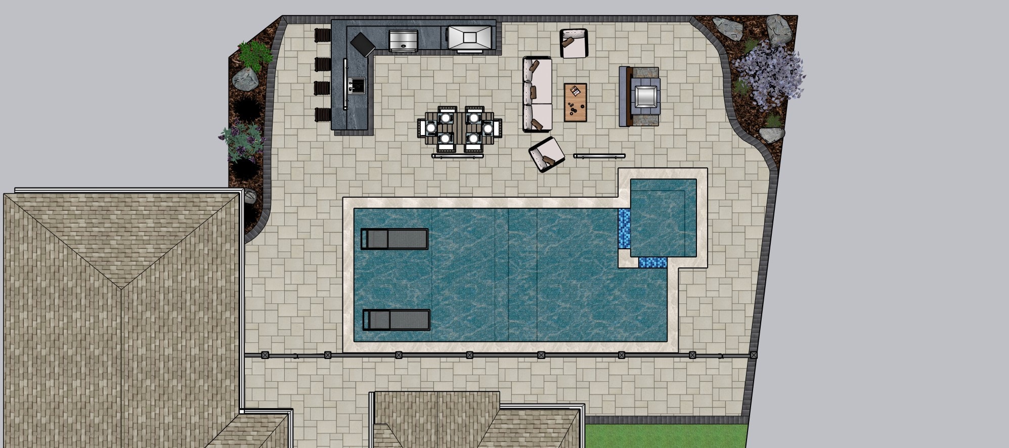 Overhead site plan — pavilion and pool