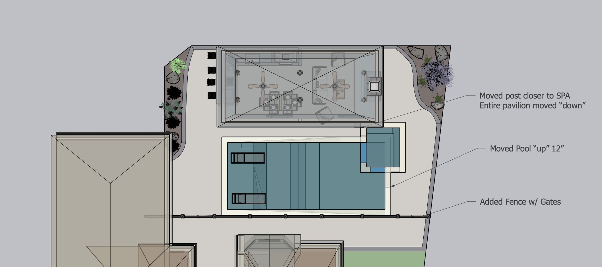 Detailed overhead plan — furniture and fire pit layout