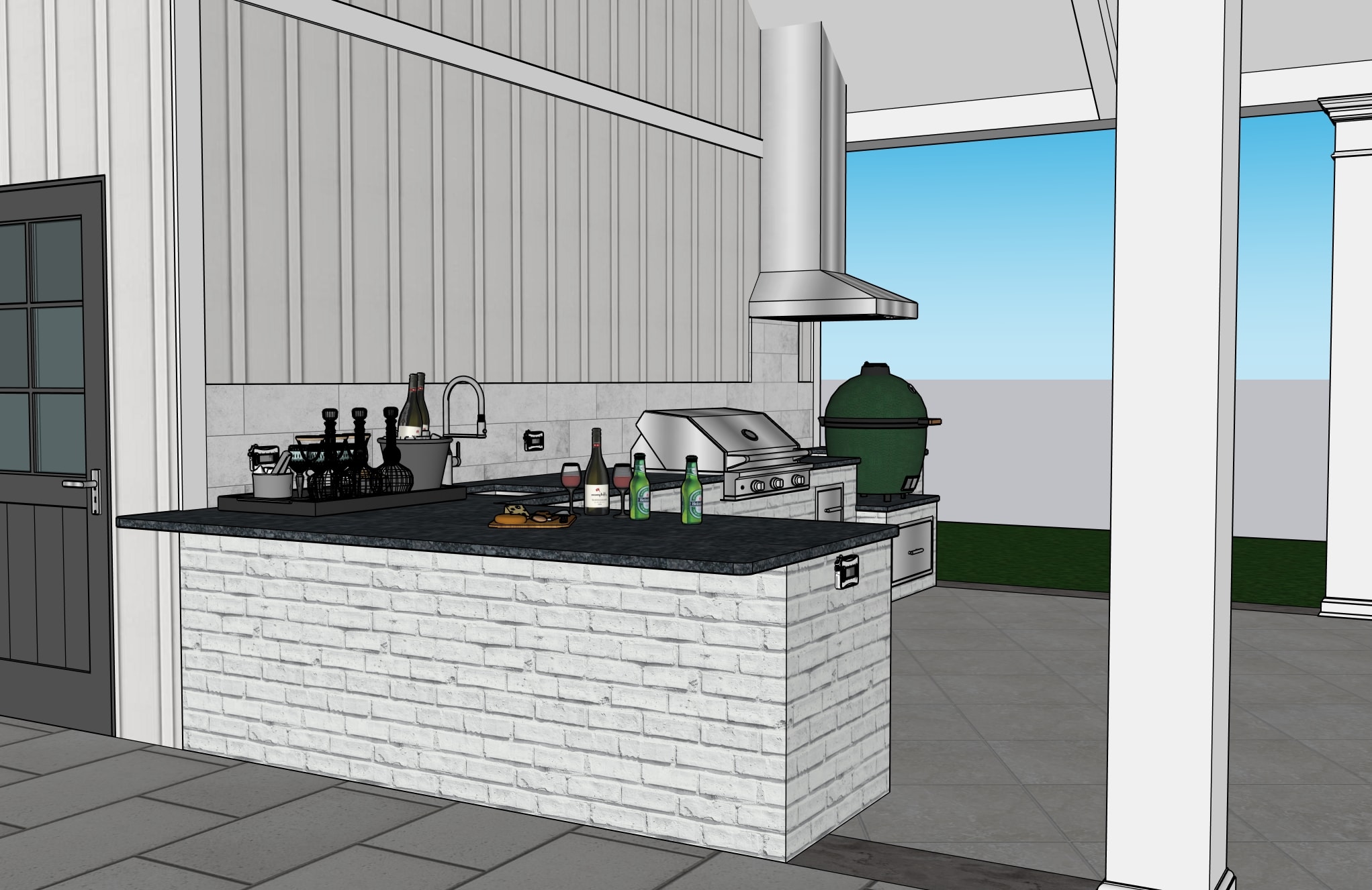 Bar end view — L-shape corner and grill zone