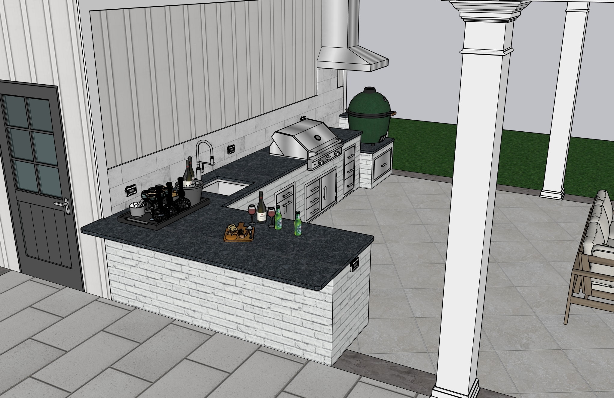 Kitchen angle — sink, grill, and Big Green Egg detail
