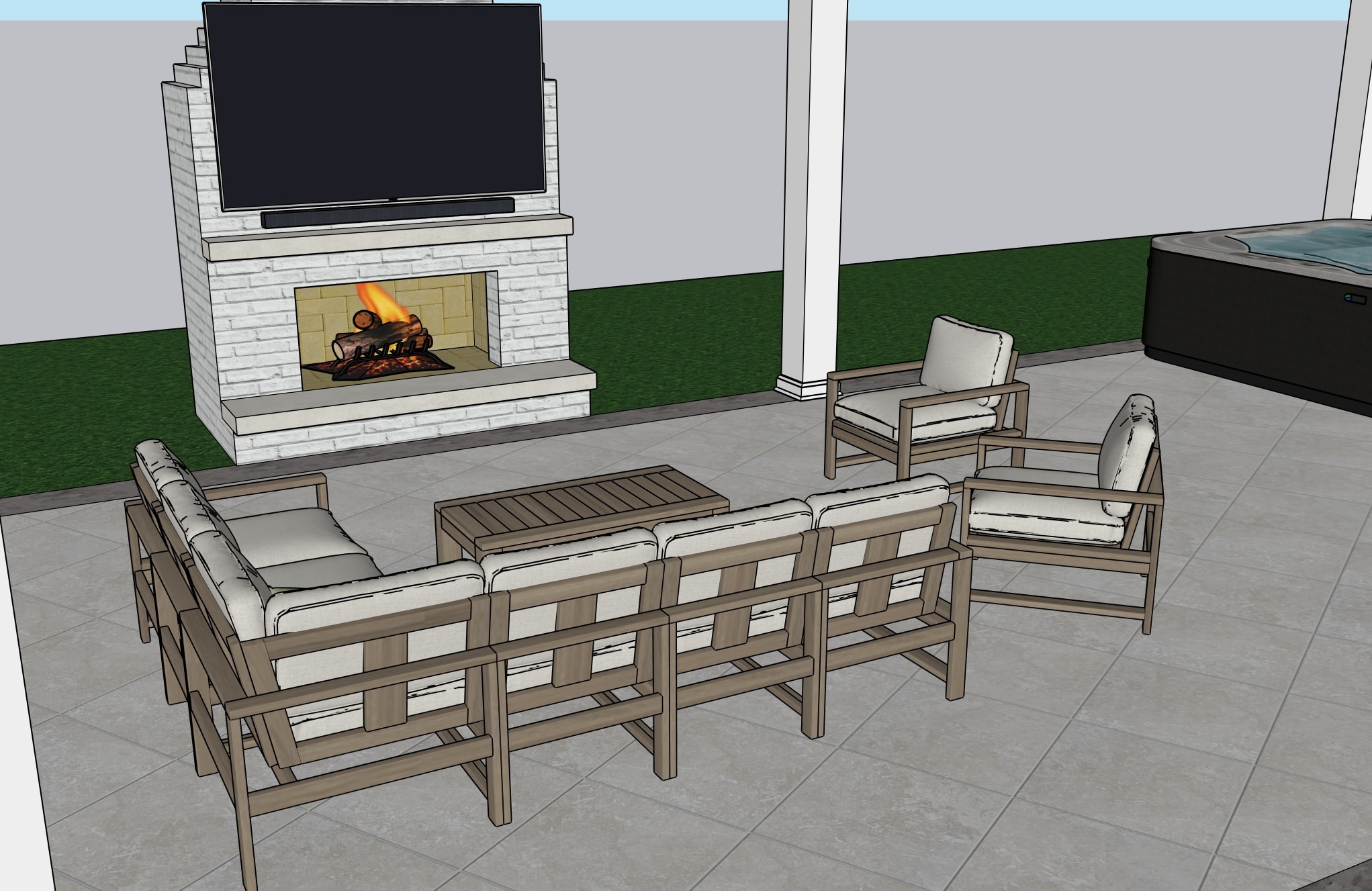 Fireplace lounge — seating arrangement and TV wall