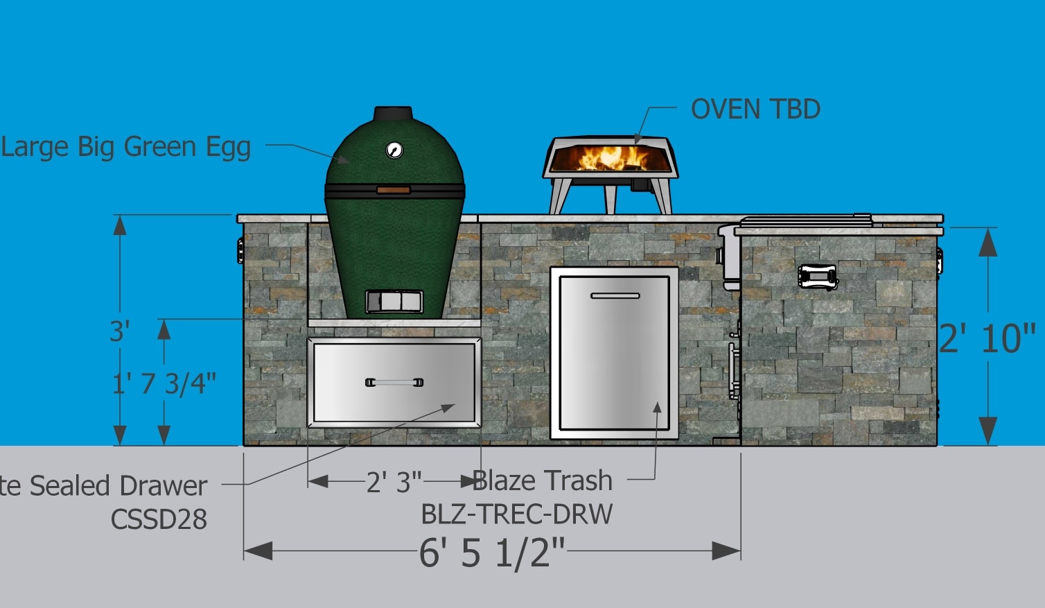 Front elevation — appliance layout and labels